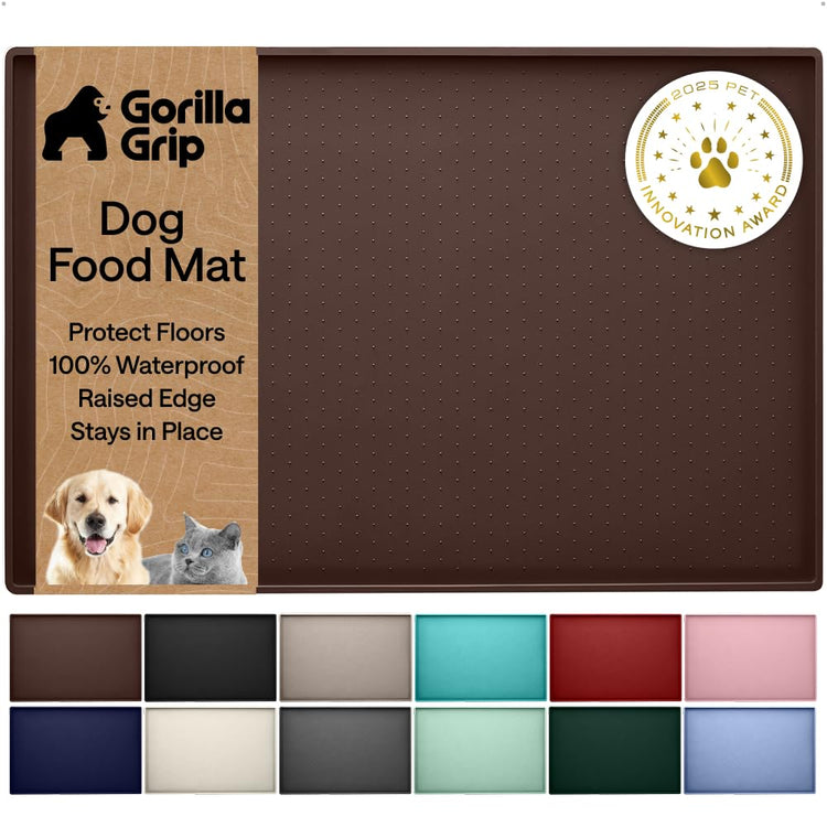 GORILLA GRIP 100% Waterproof Raised Edge BPA Free Silicone Pet Feeding Mat, Dog Cat Food Mats Contain Spills Protects Floors, Placemats for Cats and Dogs Water Bowl, 18.5x11.5, Gray