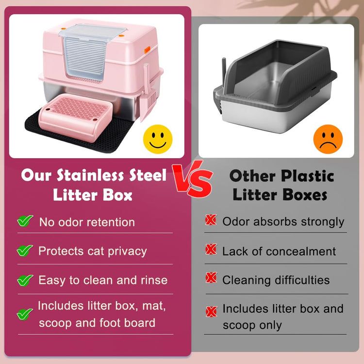 Vivifying Stainless Steel Litter Box, XL Side Entry Extra Large Litter Box with Lid for Big Cats & Kitty, Removable Enclosed Metal Cat Pan with High Sided Enclosure, Scoop (Black)