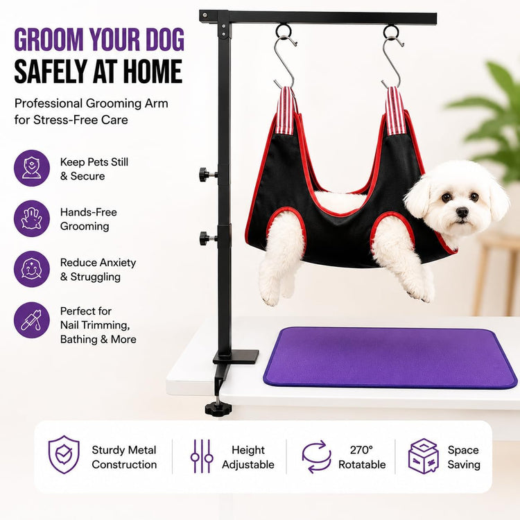 Dog Grooming Arm with Clamp, Adjustable Height 26"-40", Pet Grooming Table Arm with Hammock and No-Sit Holder, Dog Grooming Supplies for Small Medium Dogs, Grooming Restraint for Home or Salon