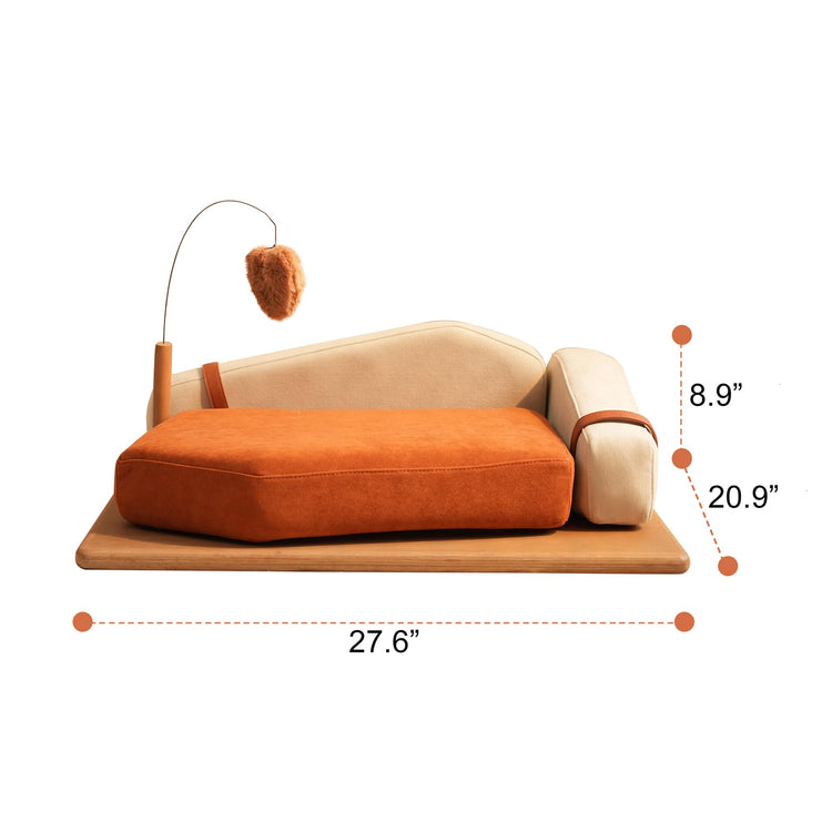 GDFStudio 27.6" Wooden Pet Bed for Cats and Dogs, Oak Veneer Frame with Washable Cushion, Scratch-Resistant Fabric, Elevated Pet Sofa Bed with Hanging Toy and Non-Slip Feet for Medium to Large Pets