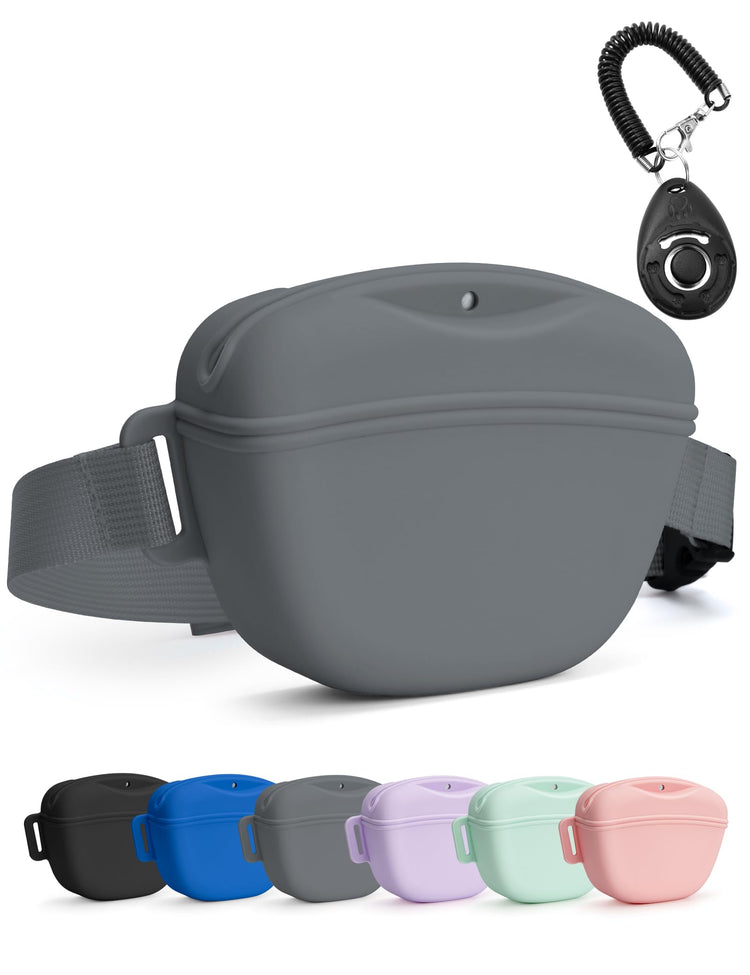 heouvo Dog Treat Pouch with Training Clicker, Upgrade Stronger Magnetic Closure to Avoid Spilling, 1.67 Cup Silicone Treat Bag Fanny Pack with Waist Belt for Pet Training Walking (Black)