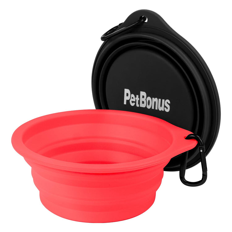 PetBonus 2-Pack Silicone Collapsible Dog Bowls, BPA Free Dishwasher Safe, Portable Foldable Expandable Travel Bowl, Food Water Feeding Cup Dish for Dogs Cats with 2 Carabiners (Turquoise, Tan)