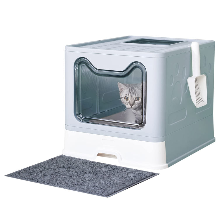 Medario Cat Litter Box with Litter Mat and Scoop, Large Covered Litter Box with Lid, Enclosed Kitty Box, Front Entry Top Exit, Odor Control, Easy to Clean (Grey)