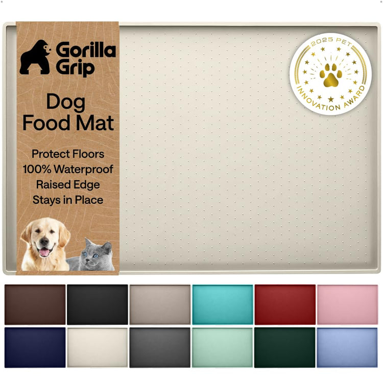 GORILLA GRIP 100% Waterproof Raised Edge BPA Free Silicone Pet Feeding Mat, Dog Cat Food Mats Contain Spills Protects Floors, Placemats for Cats and Dogs Water Bowl, 18.5x11.5, Gray