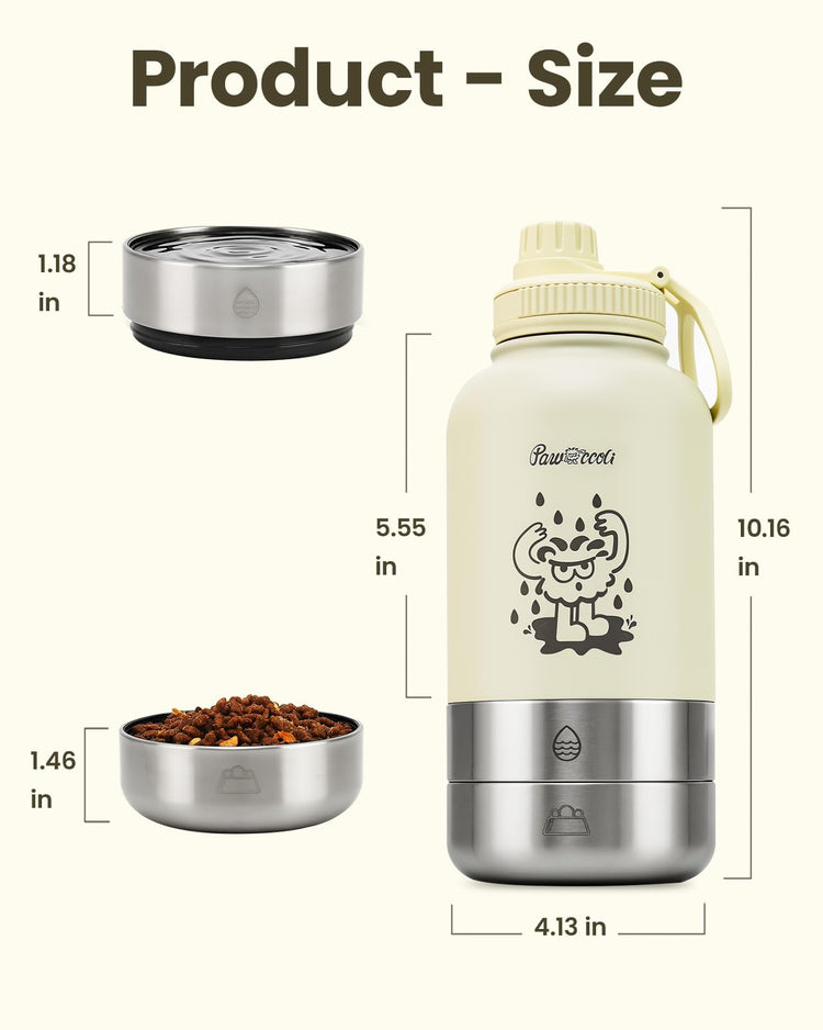 34oz Dog Water Bottle, Stainless Steel Dog Water Bottle Dispenser with Detachable Food & Water Bowls, Keeps Water Hot/Cold, for Walking, Hiking, Camping(Cream)