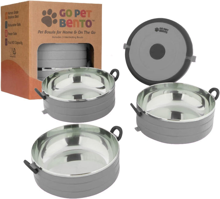 Healthy Human Travel Pet Bento Bowls - Human-Grade Stainless Steel & BPA-Free, Leak-Proof Water & Food Container Set for Dogs & Cats, 4-Pack Interlocking Bowls, Includes Spare Clips & Handle (Pink)