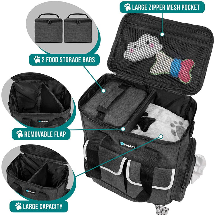 PetAmi Dog Travel Bag Pet Supplies Accessories Organizer for Traveling, Camping, Weekend; Cat Pet Travel Bag Kit Includes 2 Food Storage Containers, 2 Collapsible Bowls, 1 Feeding Mat (Purple)