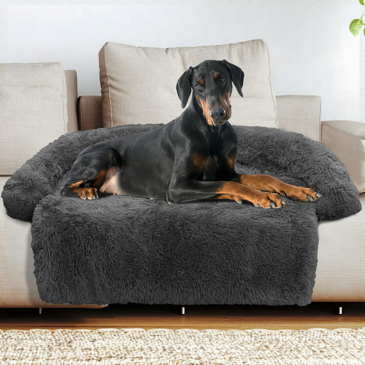 Calming Dog Bed Fluffy Plush Dog Mat for Furniture Protector with Removable Washable Cover for Large Medium Small Dogs and Cats (Small(35x31x5), Light Grey)