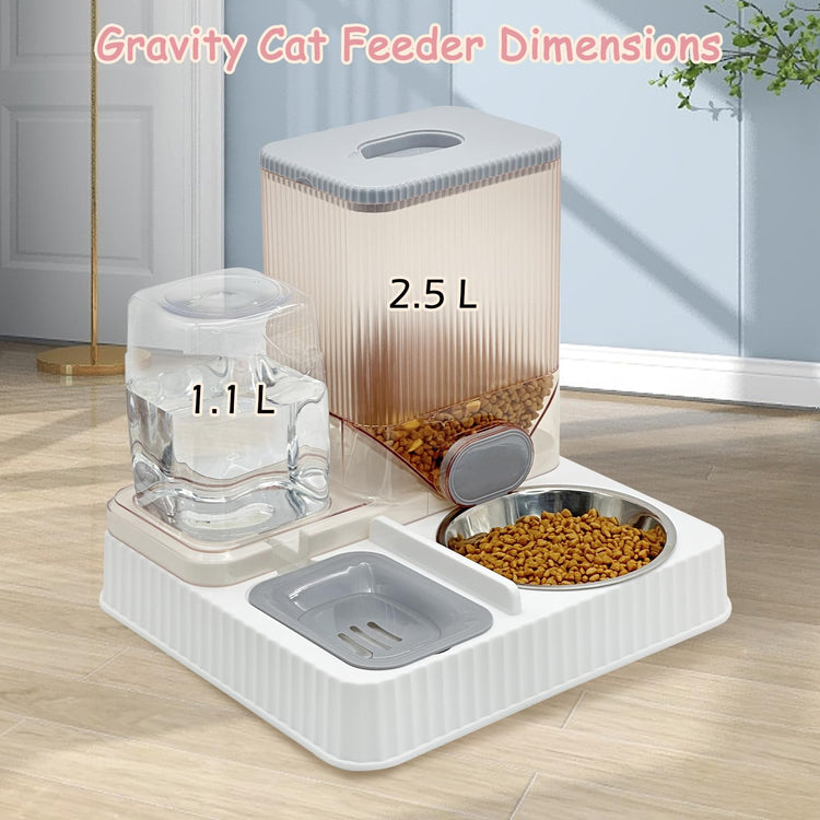 Fhiny Gravity Cat Feeder & Water Dispenser, 2 in 1 Automatic Puppy Waterer Removable Stainless Steel Food Bowls Set Self Feeding Pet Food Storage for Cat Kitten Puppy Easy Clean (White)