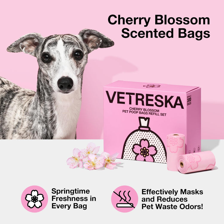 VETRESKA Dog Poop Bag Dispenser with Cherry Blossom Scented Poop Bags, Leak Proof and Extra Thick Pet Waste Bags, 1 Poop Bag Holder and 105 Bags for Dog Walking and Cats Litter, Pink