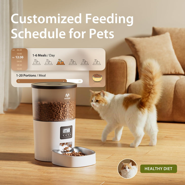 IMIPAW Automatic Cat Feeders, Timed Cat Dry Food Dispenser with Desiccant Bag, Dual Power Supply, Programmable Portion Size, 6 Meals, 20 Portions Per Day, Auto Pet Feeder for Cats and Small Dog, White