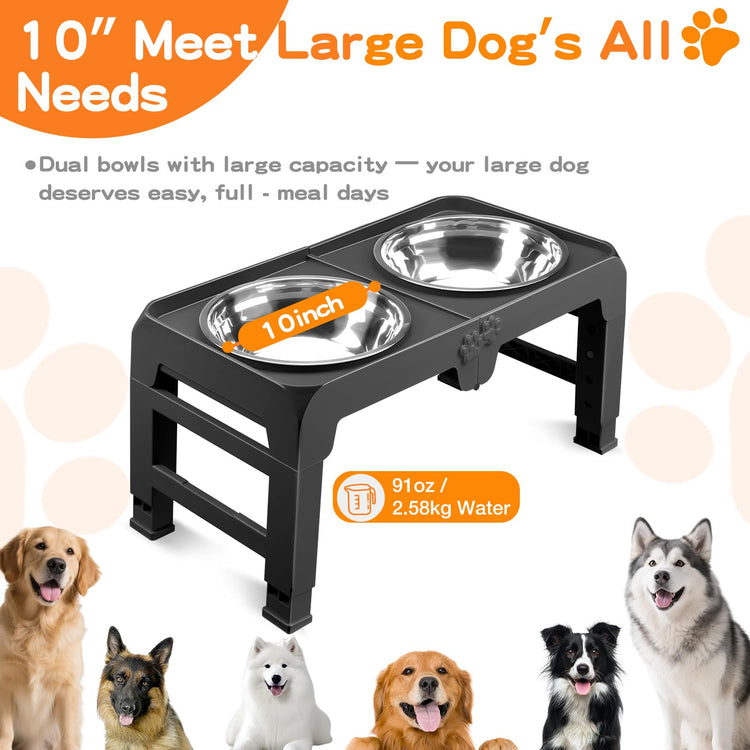 COMESOON Elevated Dog Bowls, 4 Height Adjustable Raised Bowl Stand with 2 Thick 50oz Stainless Steel Food Bowls Non-Slip Feeder Adjusts to 3.7'', 9.2'', 10.75'', 12.36'' Black, (DB-W01)