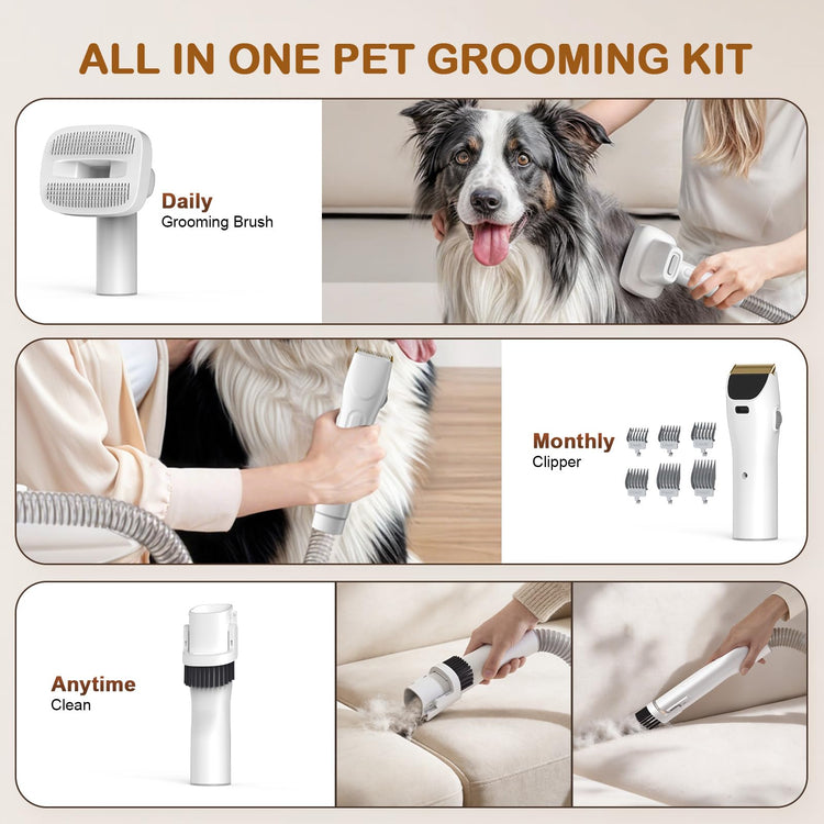 Dog Grooming Vacuum, Dog Grooming Kit with Pet Clipper Nail Grinder, 3 Suction Modes Dog Brush Vacuum with 6 Pet Grooming Tools (Cream)