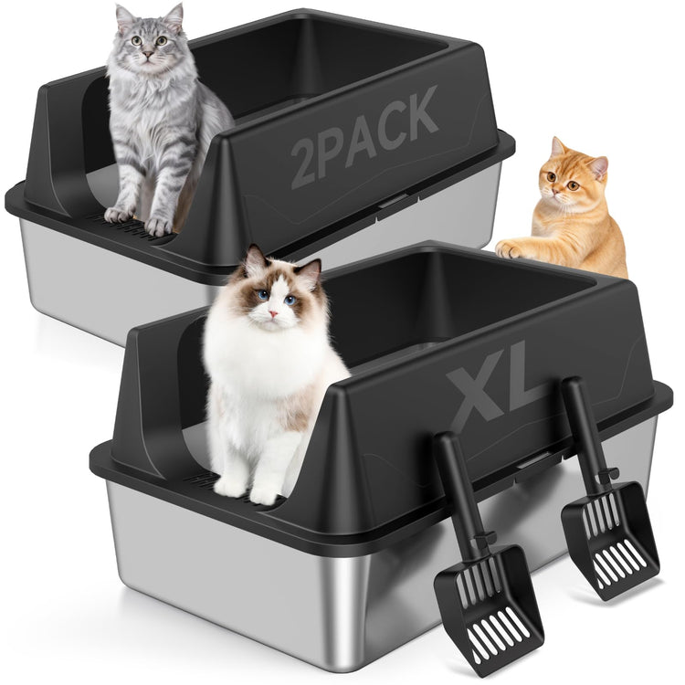 2 Pack XL Stainless Steel Litter Box with High Sides Shield for Multi Cat, Extra Large Tall Wall Open Top Deep Metal Pan for Big Cats, Anti-Leak Non-Stick Odor Control, 2 Scoops Included, Gray