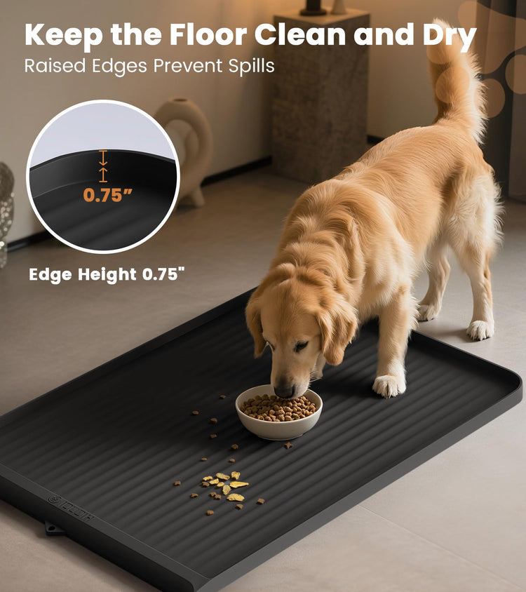 Dog Food Mat 36"x24", Waterproof Pet Feeding Mat with Diversion Grooves and Raised Edges, Large Non-Slip Dog Bowl Mat for Food and Water, Cat Food Mat for Floors, Easy to Clean, Grey