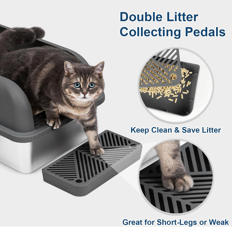 Extra Large Stainless Steel Litter Box with Lid, High Sides Enclosed Cat Litter Box for Big Cats & High Peeing, Anti-Leak & Odor Control Metal Litter Pan, Easy Clean Non-Stick Kitty Litter Box
