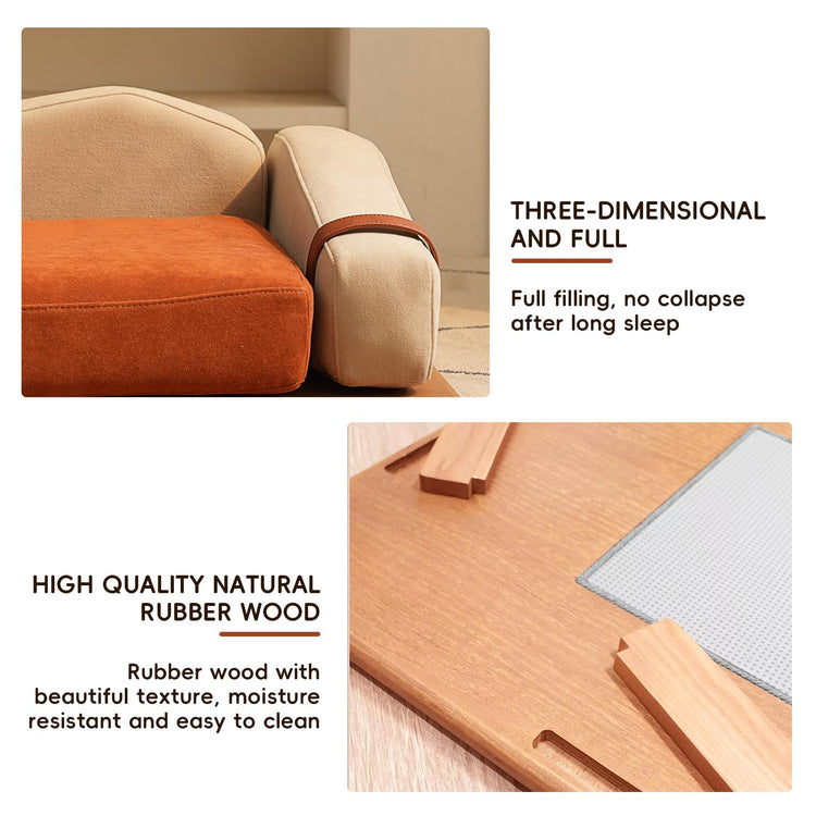 GDFStudio 27.6" Wooden Pet Bed for Cats and Dogs, Oak Veneer Frame with Washable Cushion, Scratch-Resistant Fabric, Elevated Pet Sofa Bed with Hanging Toy and Non-Slip Feet for Medium to Large Pets
