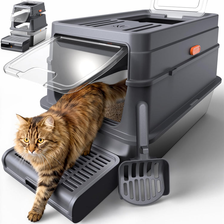 Powools Cat Litter Box - Stainless Steel Litter Box with Lid for Kitty, Metal Base Enclosed Cat Box with Litter Scoop, Elevated Step Box, Activated-Carbon Pack, 17.1" x 13.2" x 15", Grey