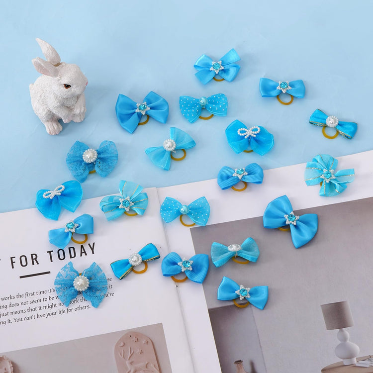 20 PCS Cute Dog Hair Bows with Rubber Bands Elastic Handmade Mix Style Lace Rhinestone Pearls for Furry Puppy Cat Pet Girl, Pink