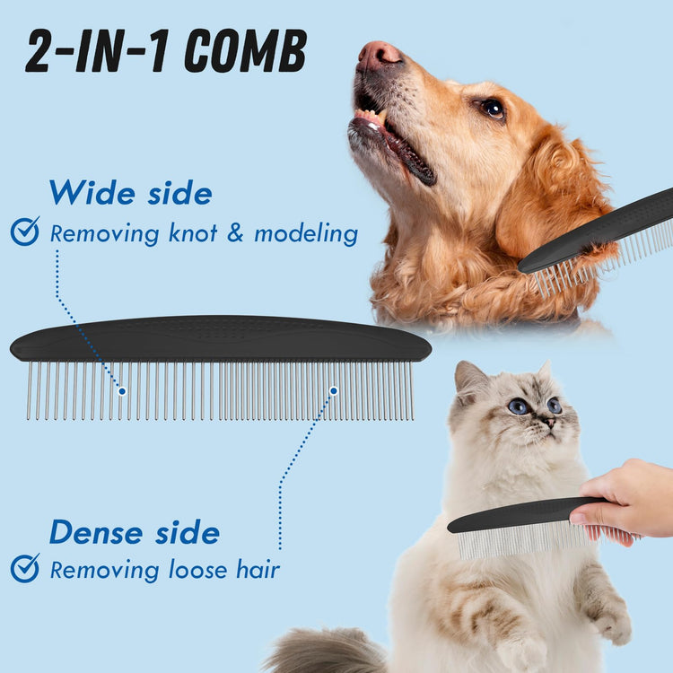 Docrok Pet Grooming Combo - Blue Deshedding Brush with Metal Comb for Detangling and Dematting Long, Matted Fur on Cats and Dogs