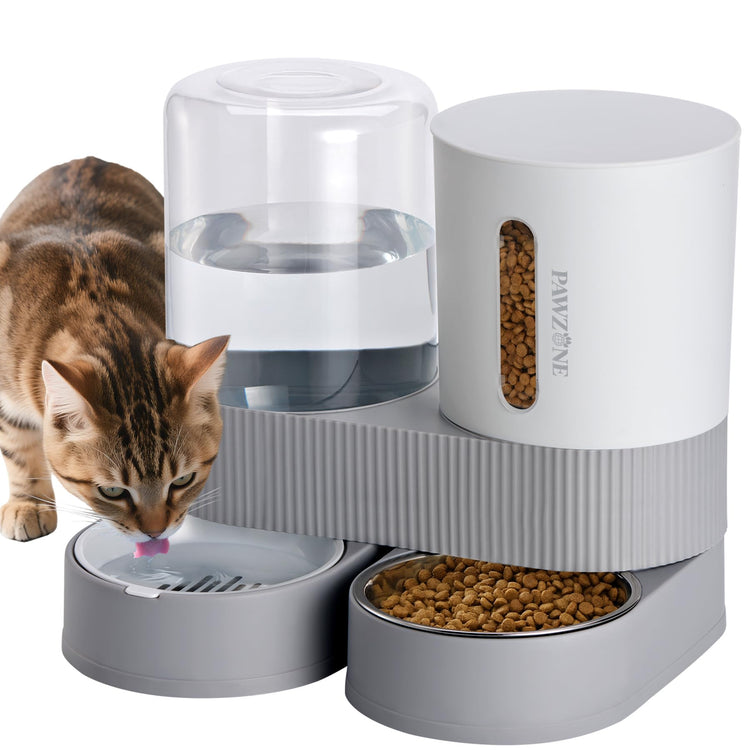 2 Pack Automatic Cat Feeder Stainless Steel Water Dispenser Gravity Food Feeder and Waterer Set with Pet Food Bowl for Small Medium Kitten Puppy Pets Large Capacity(Grey)