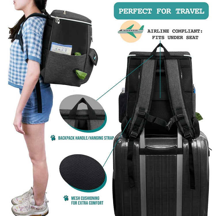 PetAmi Dog Travel Bag Backpack, Airline Approved Dog Bags for Traveling, Puppy Diaper Bag Supplies, Pet Camping Essentials Hiking Accessories Dog Mom Gift, Food Container, Collapsible Bowls, Gray