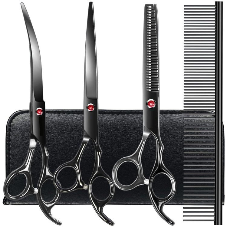 TINMARDA Dog Grooming Kit, Professional Stainless Steel Dog Grooming Scissors with Curved Shears, Pink Finger Rings - 5 Piece Sharp Durable Pet Shears for Dogs Cats At Home Salon-Quality Grooming