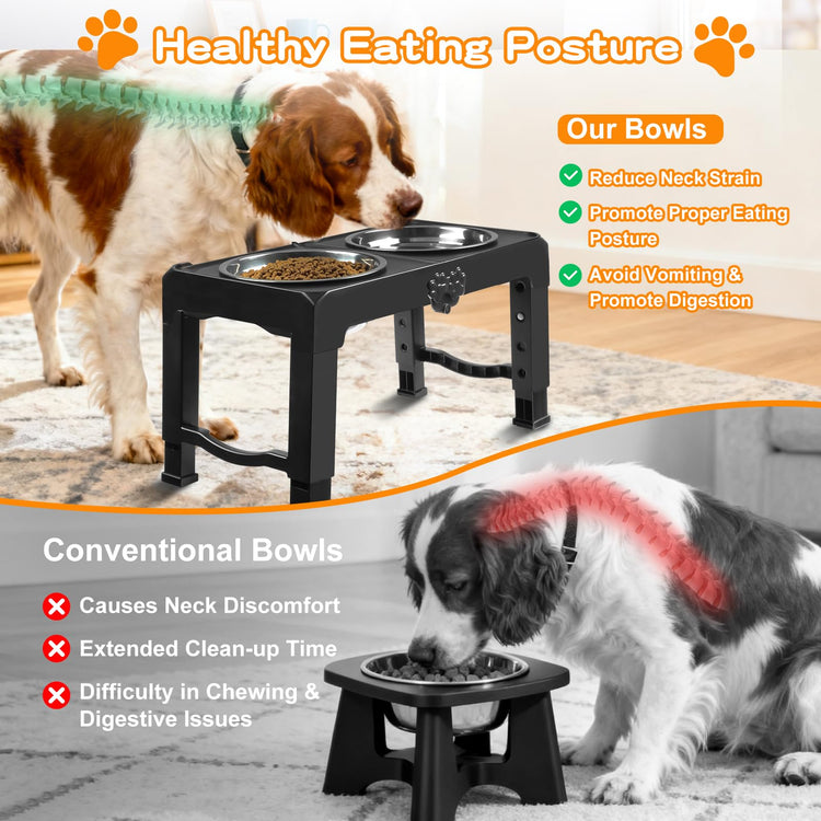 COMESOON Elevated Dog Bowls, 4 Height Adjustable Raised Bowl Stand with 2 Thick 50oz Stainless Steel Food Bowls Non-Slip Feeder Adjusts to 3.7'', 9.2'', 10.75'', 12.36'' Black, (DB-W01)