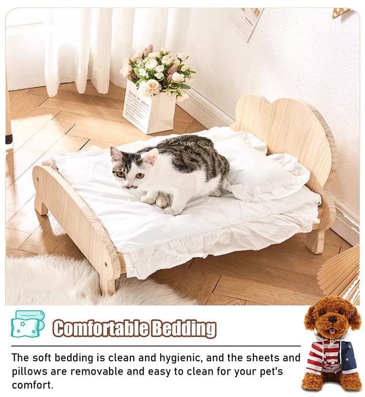 Dog Bed Cute Solid Pine Wood Frame Lifted Pet Bed, Curved All-Season Couch Dog Kennel Elevated, Waterproof Small/Medium Size Pet Gear Cot Furniture (Color : 2-with Bedding, Size : S-54 * 46 * (Wi