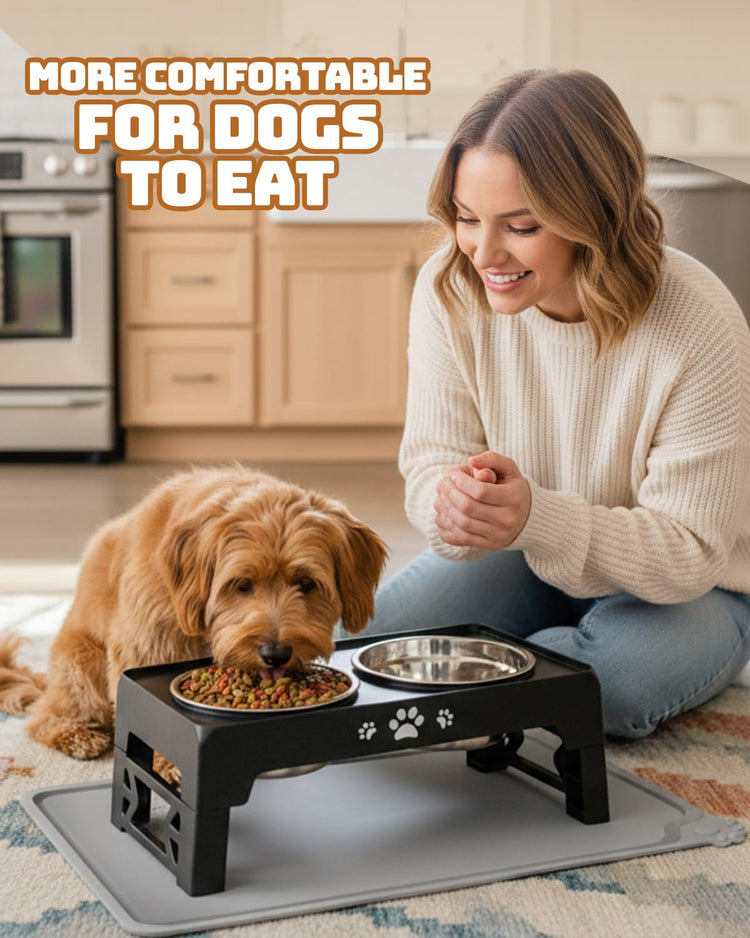 Jovrun Elevated Dog Bowls for Medium Large Size Dogs, Non-Slip Dog Feeder with 1*Stainless Steel Dishes & 1*Slow Feeder Bowl, 5 Heights Adjustable Raised Bowls to 3.15″-8.66″-9.84″-11.02″-12.2″