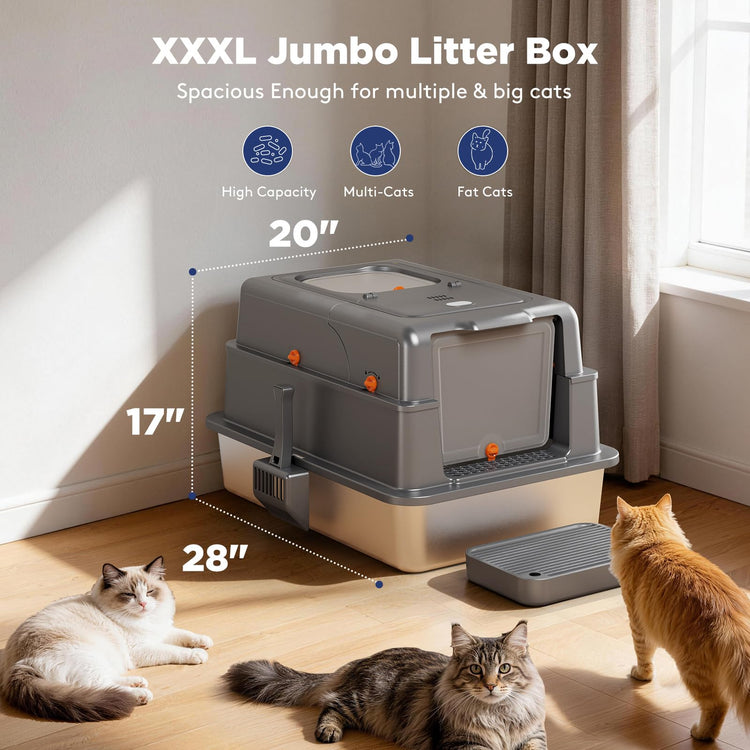 FURTIME Stainless Steel Litter Box with Lid, Large Enclosed Cat Litter Box for Big Cats, Metal Cat Box with High Sided Enclosure & Scoop, Front & Top Entry, Odor Free, Anti-Leakage, Grey