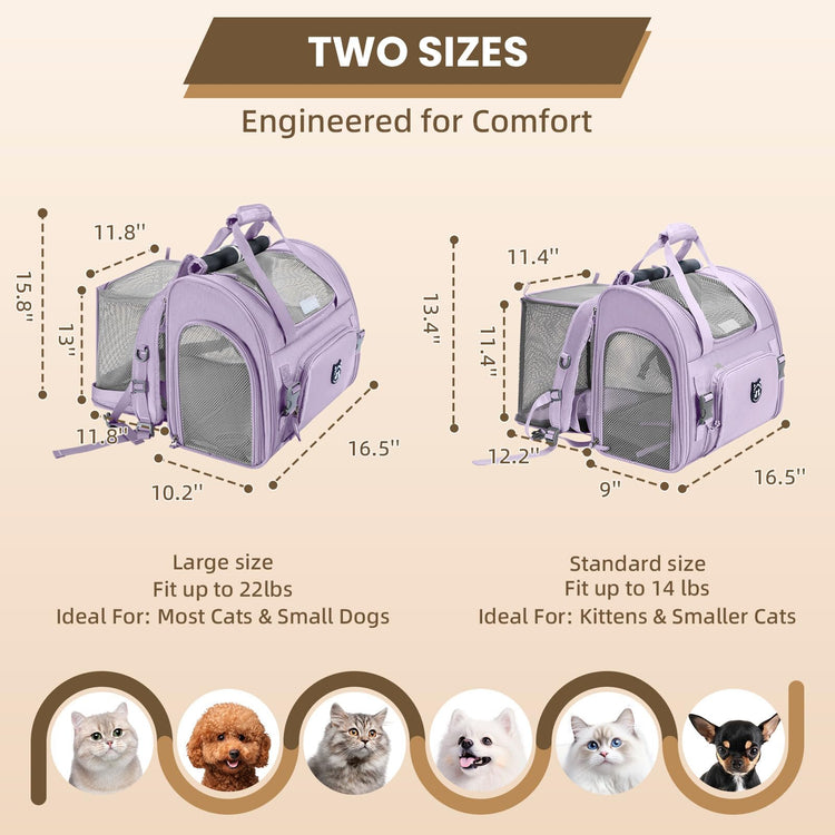 Lollimeow Expandable Cat Carrier Backpack for Large Cats - Airline Approved Pet Carrier Backpack for Small Dogs, Hiking & Travel, Waterproof with Breathable Mesh, 14lbs Capacity (Plum, Standard)