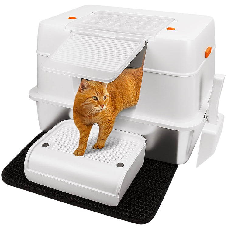 Vivifying Stainless Steel Litter Box, XL Side Entry Extra Large Litter Box with Lid for Big Cats & Kitty, Removable Enclosed Metal Cat Pan with High Sided Enclosure, Scoop (Black)
