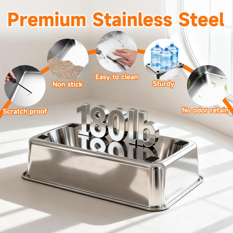 Stainless Steel High Sides Cat Litter Box with Scoop, Open Top Litter Pan for Indoor Cats, Easy to Clean, Reduced Litter Scatter, Medium