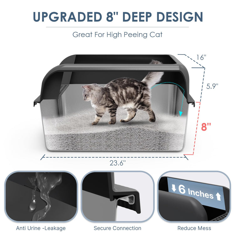 Extra Large Stainless Steel Litter Box with Lid, High Sides Enclosed Cat Litter Box for Big Cats & High Peeing, Anti-Leak & Odor Control Metal Litter Pan, Easy Clean Non-Stick Kitty Litter Box