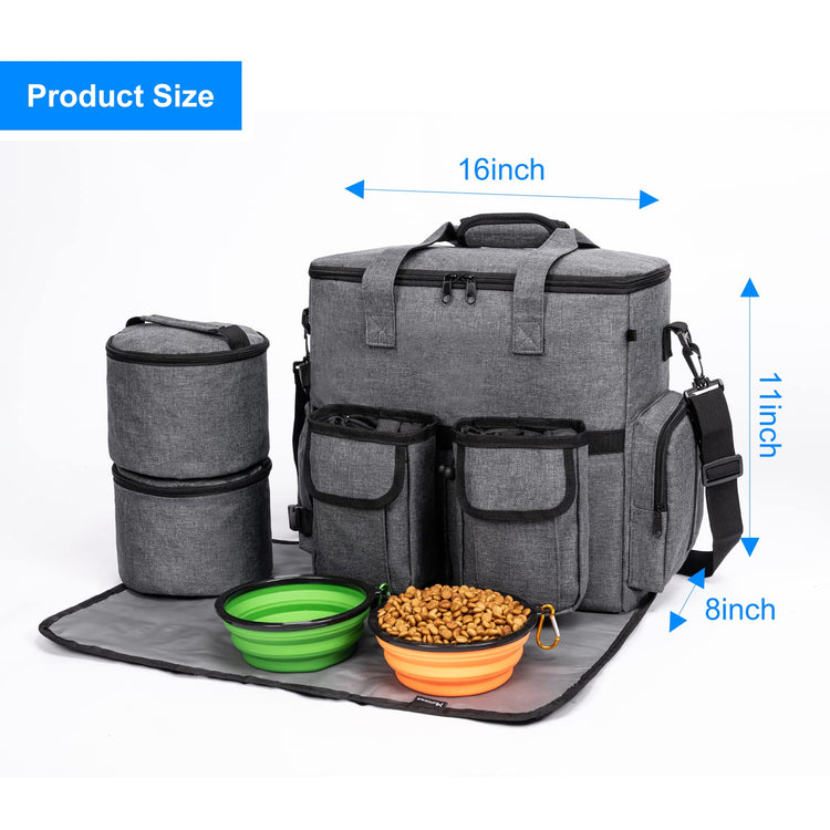 Modoker Dog Travel Bag Backpack, Airline Approved Pet Accessories Organizer for Dog and Cat with Shoulder Strap, 2 Dog Food Storage Containers, 2 Collapsible Dog Bowls,1 Pet Mat, Grey