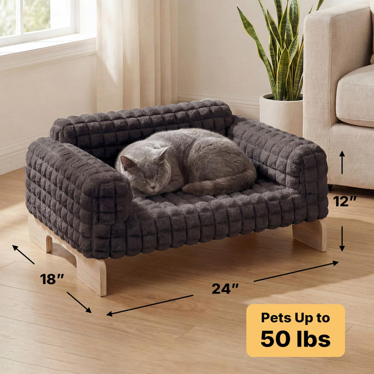Veehoo Elevated Cat Bed Indoor, Wood Furniture Style Cat Couch Sofa with Removable Washable Cover, Cute & Fluffy Small Cats Bed Furniture for Home