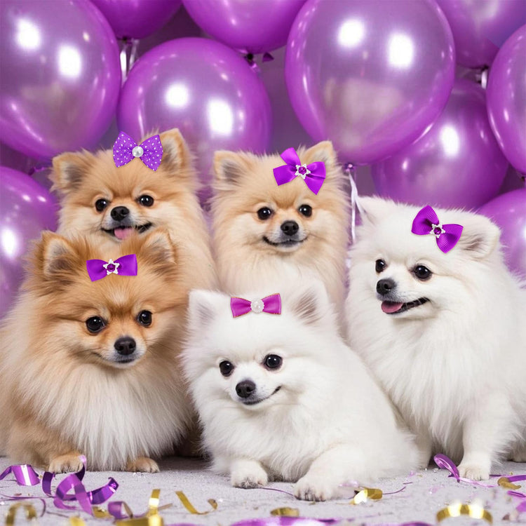20 PCS Cute Dog Hair Bows with Rubber Bands Elastic Handmade Mix Style Lace Rhinestone Pearls for Furry Puppy Cat Pet Girl, Pink