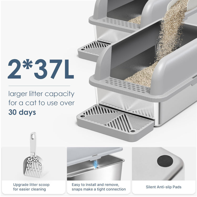 Extra Large Stainless Steel Litter Box with Lid, High Sides Enclosed Cat Litter Box for Big Cats & High Peeing, Anti-Leak & Odor Control Metal Litter Pan, Easy Clean Non-Stick Kitty Litter Box