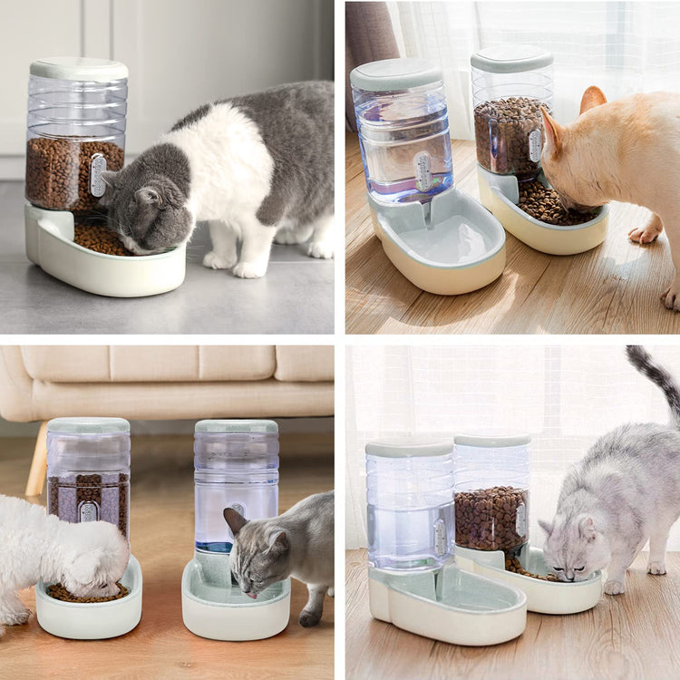 Kacoomi Automatic Dog Cat Feeder and Water Dispenser Gravity Food Feeder and Waterer Set with Pet Food Bowl for Small Medium Dog Puppy Kitten, Large Capacity 1 Gallon x 2