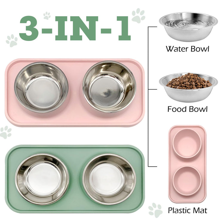 BNOSDM Double Dog Food Bowls Stainless Steel Dog Food and Water Bowls with Non-Spill Plastic Mat Pet Cat Feeder Bowl Set for Puppy Cats Kitten Small Medium Dogs Pink