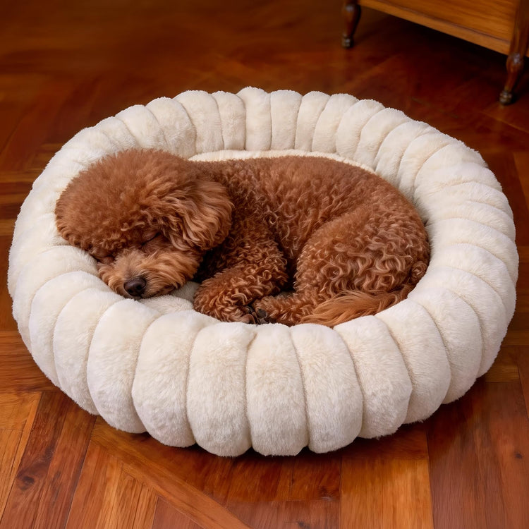 Donut Dog and Cat Bed, Luxurious Comfortable Faux Rabbit Fur Pet Beds, Round Anti-Anxiety Calming Puppy Kitten Bed with Anti-Slip Bottom for Small Medium Dogs & Cats(28", White)