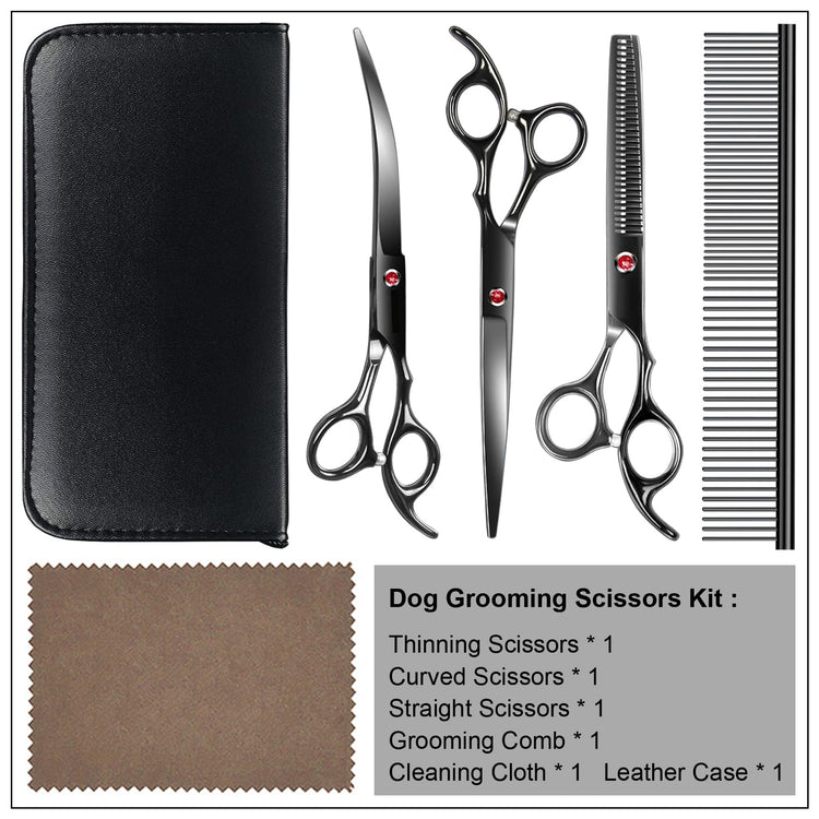 TINMARDA Dog Grooming Kit, Professional Stainless Steel Dog Grooming Scissors with Curved Shears, Pink Finger Rings - 5 Piece Sharp Durable Pet Shears for Dogs Cats At Home Salon-Quality Grooming