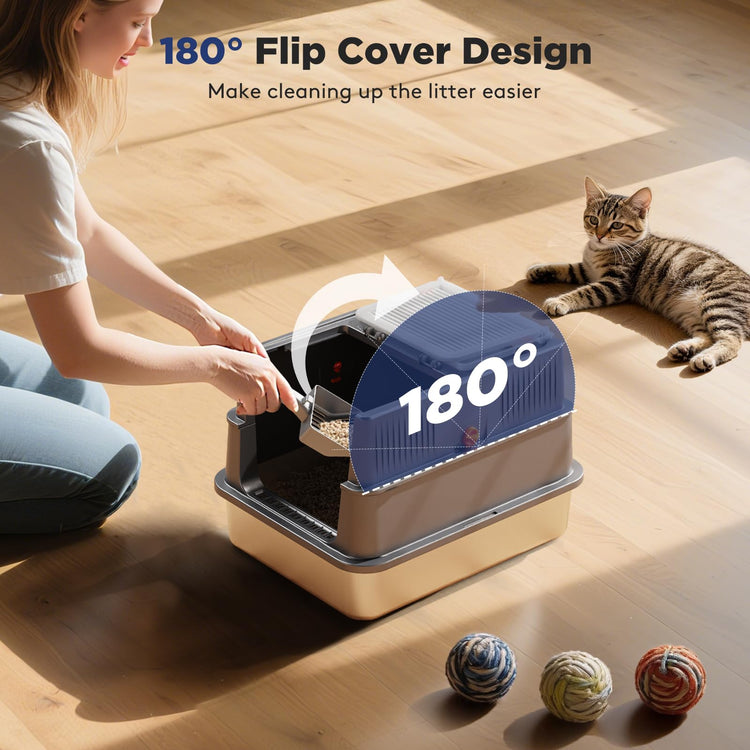 FURTIME Stainless Steel Litter Box with Lid, Large Enclosed Cat Litter Box for Big Cats, Metal Cat Box with High Sided Enclosure & Scoop, Front & Top Entry, Odor Free, Anti-Leakage, Grey