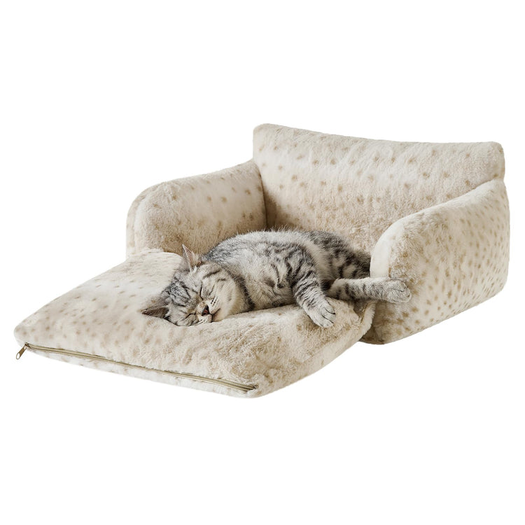 Hollypet Cat Bed Fluffy Plush Multifunctional Double-Layer Machine Washable Soft Warming Kitty Pet Couch Orthopedic Nest Beds for Small Cats Kitten and Dogs up to 13lbs, Khaki(25x20x13 inch)