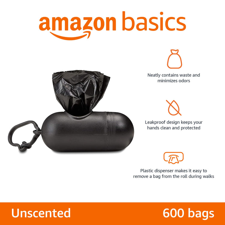 Amazon Basics Dog Poop Leak Proof Bags with Dispenser and Leash Clip, Unscented, 13" x 9" Large Size, 300 Count