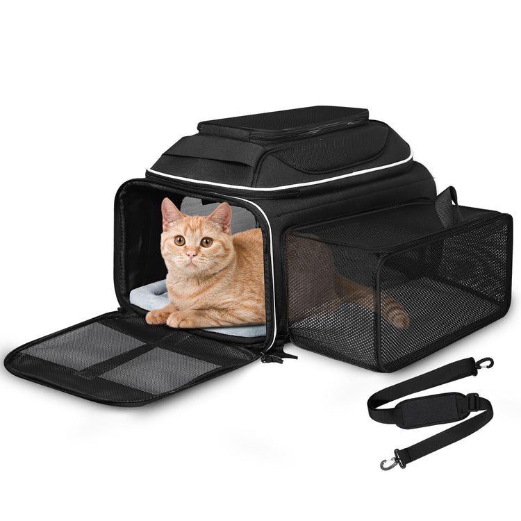 Petskd Top and Side Expandable Pet Carrier 18x11x11 Inches Delta United Airline Approved, Soft-Sided Carrier for Small Cats and Dogs with Locking Safety Zippers and Anti-Scratch Mesh(Black)
