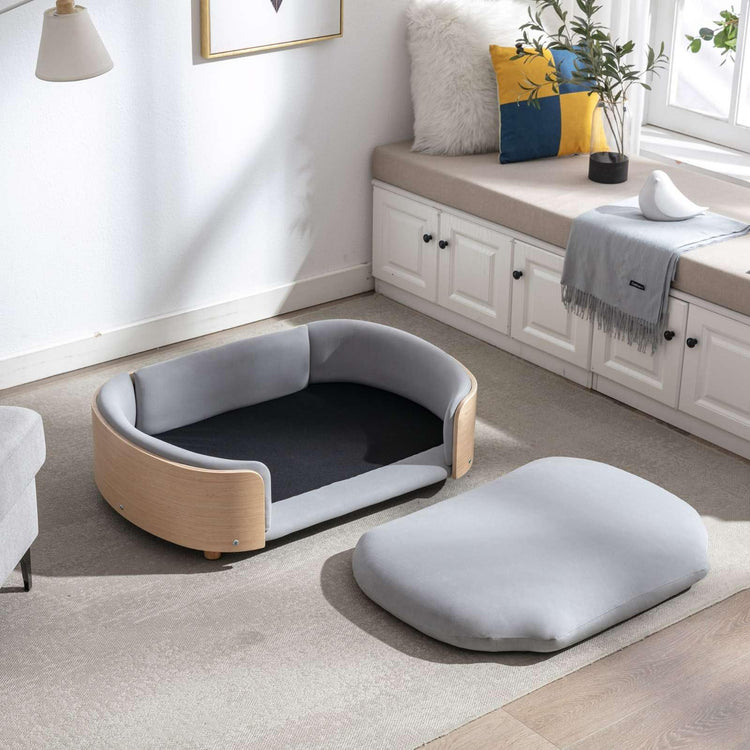Velvet Dog Bed Pet Sofa with Solid Wood Legs and Bent Wood Back, Stain-Resistant Cushion in Multiple Colors - Luxury Pet Furniture for Cats and Dogs, Dark Grey