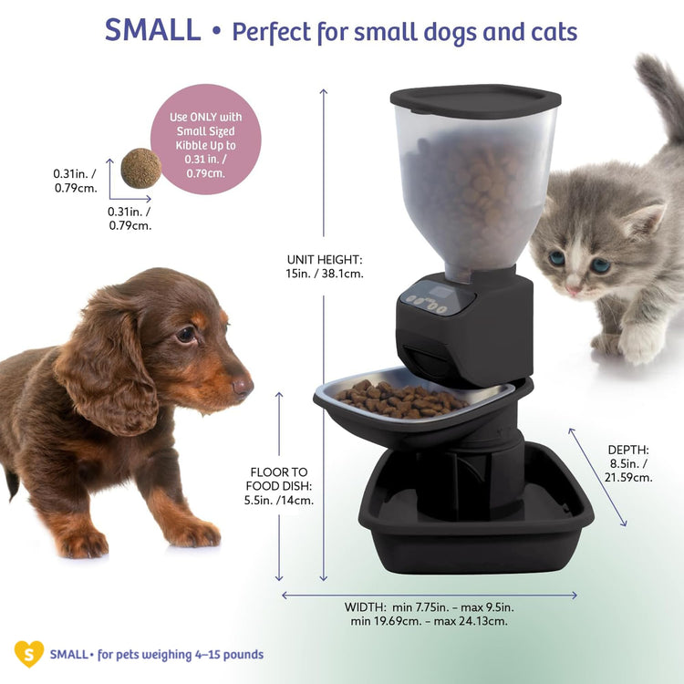 Feeding Friend® Automatic Dog & Cat Food Feeder with Water Dispenser –Smart Pet Feeder with Portion Control, OLED Display, Anti Jam Design, Battery Operated Dispenser for Small - (XS) Pets 4-15 Taupe