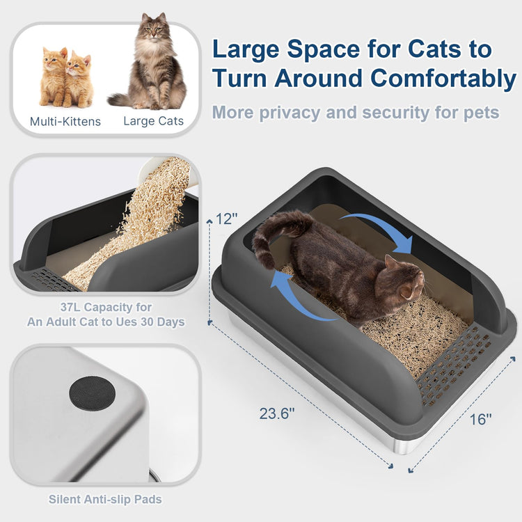 Extra Large Stainless Steel Litter Box with Lid, High Sides Enclosed Cat Litter Box for Big Cats & High Peeing, Anti-Leak & Odor Control Metal Litter Pan, Easy Clean Non-Stick Kitty Litter Box